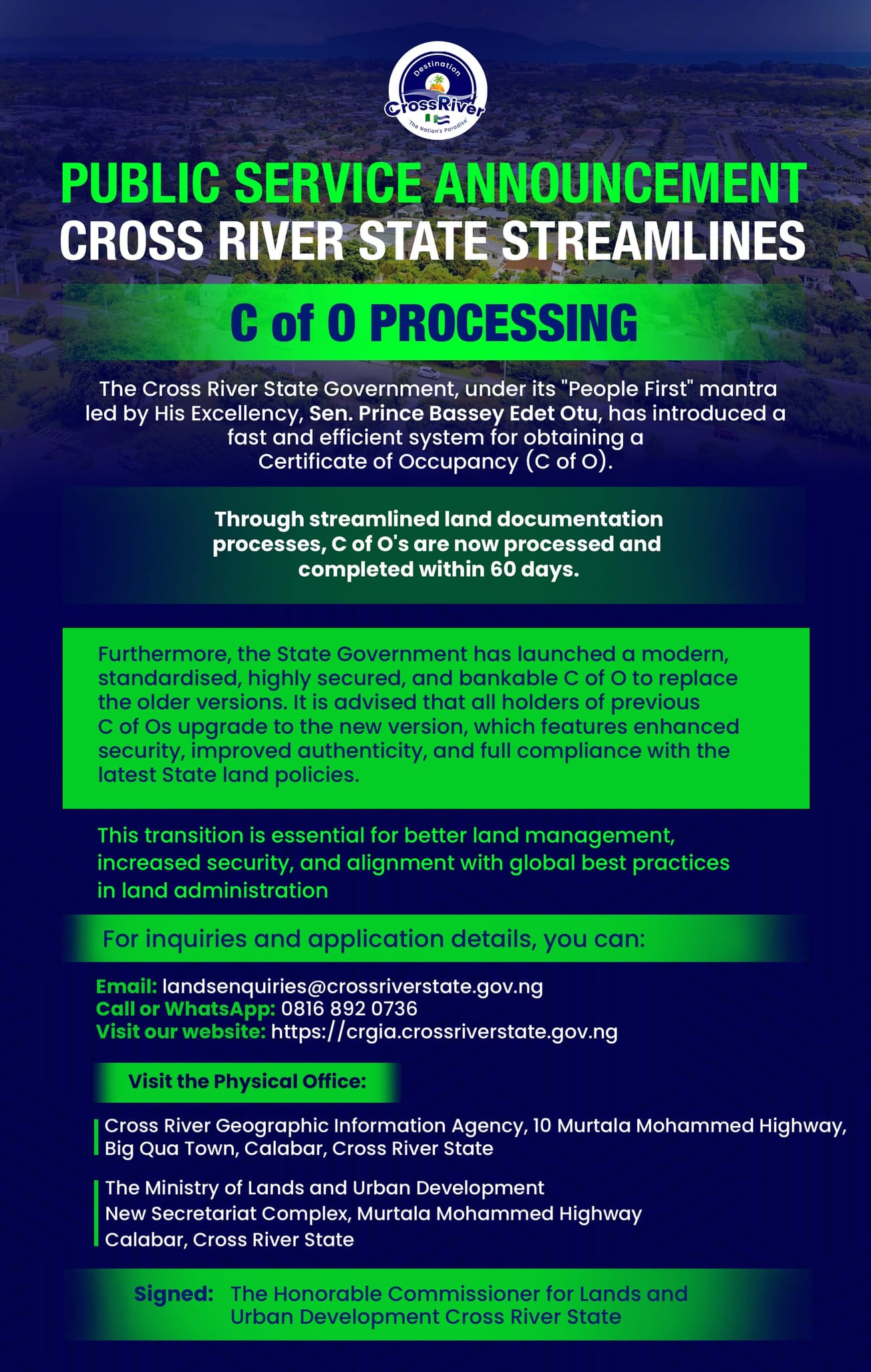 PSA: Cross River State Government Streamlines C of O Processing: A Faster, More Secure System