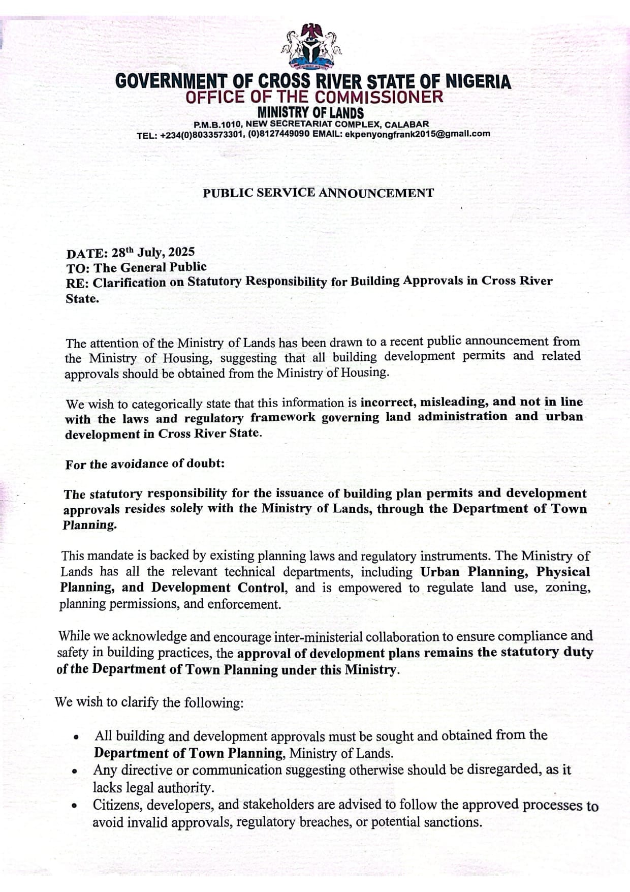 Public Service Announcement: Clarification on Statutory Responsibility for Building Approvals in Cross River State